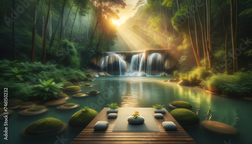 Fototapeta Naklejka Na Ścianę i Meble -  Tranquil forest waterfall with meditation space and yoga mats.