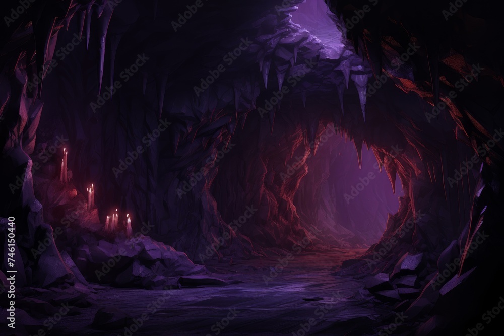 Mysterious Purple cave rock stone. Natural beauty. Generate Ai