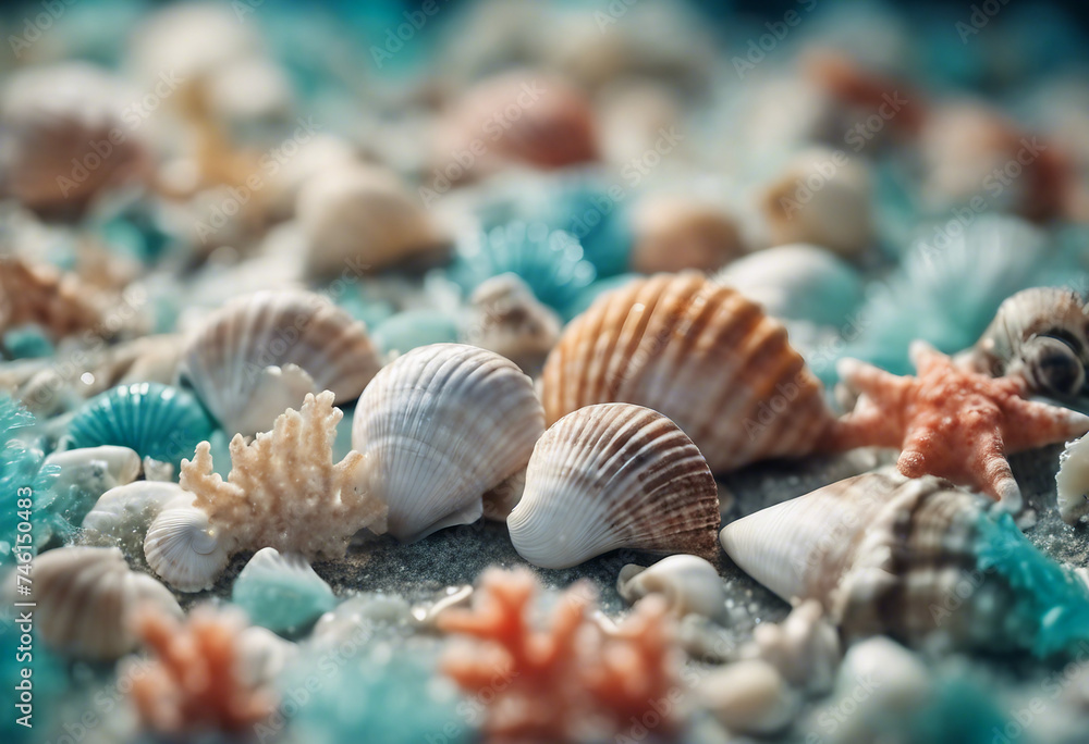 Background of seashells in a marine style sea patterns and sea-colored corals Background of seashells in a marine style sea patterns and sea-colored corals