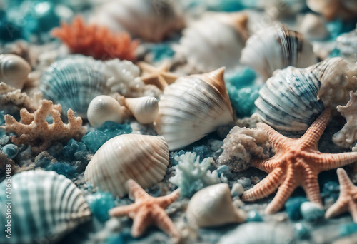 Background of seashells in a marine style sea patterns and sea-colored corals