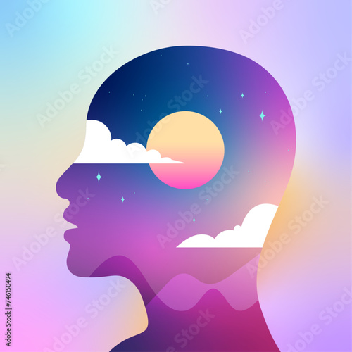 Silhouette double exposure of head with night sky concept