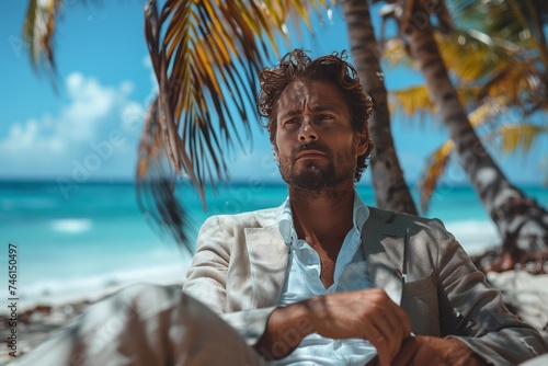 Corporate leader, seated on sandy beach, contemplates career choices under the tropical sun