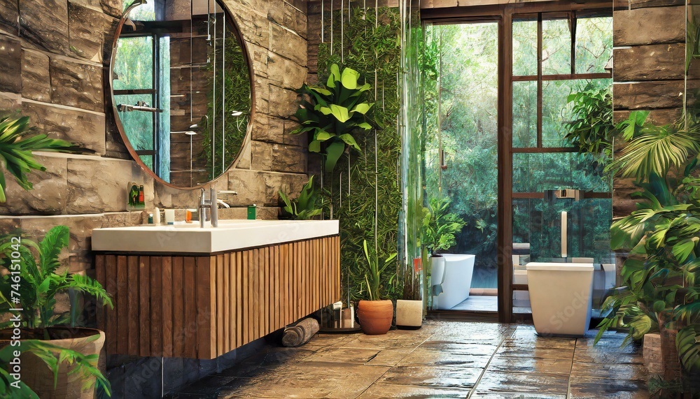A serene photograph of an eco-friendly washroom featuring sustainable and natural design elements. The washroom is bright and airy, with large windows that offer a stunning garden view. A serene photograph of an eco-friendly washroom featuring sustainable and natural design elements. The washroom is bright and airy, with large windows that offer a stunning garden view.