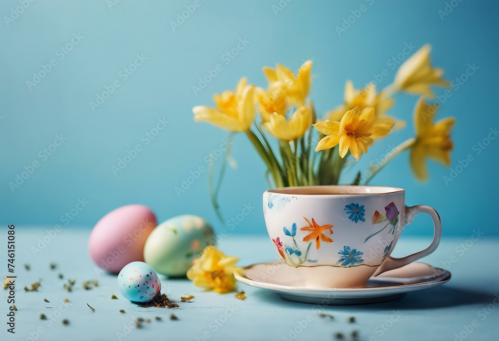 Easter egg and spring flowers in a cup of tea on a blue background creative Easter holiday concept m Easter egg and spring flowers in a cup of tea on a blue background creative Easter holiday concept m
