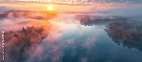 An autumn sunrise illuminates the foggy expanse of Lac de Saint Pardoux, showcasing its reflective waters from an aerial viewpoint.