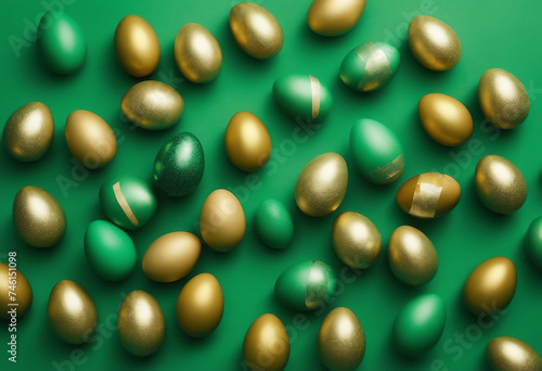 Easter eggs of gold and green color on a green background minimal creative Easter layout for congrat
