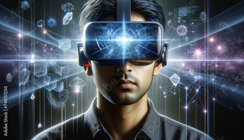 Human subject wearing sleek mixed reality headset with holographic interface.