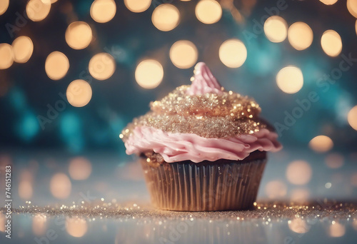 Festive cupcake on Christmas and New Year background with glitter and glamour