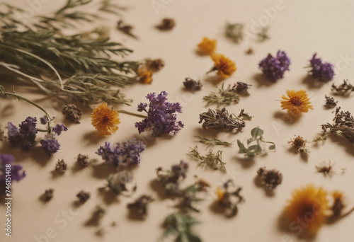 Herbal apothecary aesthetic Dry herbs and flowers on a beige background With technology