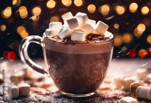Hot chocolate hot chocolate with marshmallows Christmas background Against the background of glare a