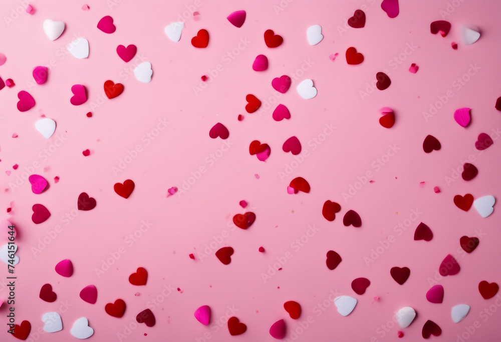 Layout for the holiday of Valentines Day gift confetti and hearts on a pink background with copy spa Layout for the holiday of Valentines Day gift confetti and hearts on a pink background with copy spa