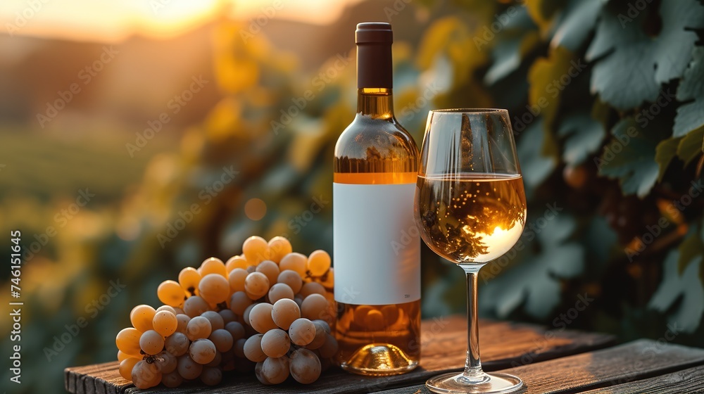 Obraz premium Glass Of Wine With Grapes And Barrel On A Sunny Background. Italy Tuscany Region