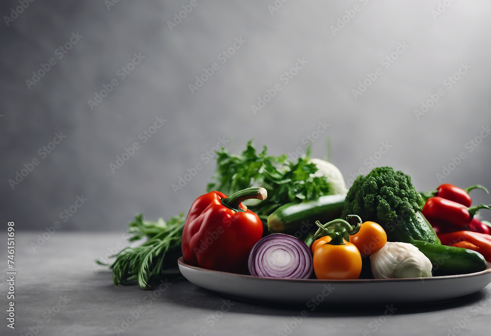 Layout of vegetables on a grey background with space for text and design Layout of vegetables on a grey background with space for text and design