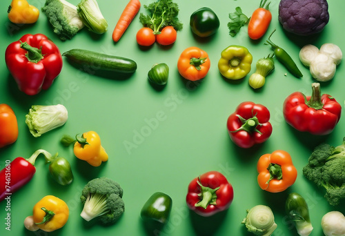 Layout of vegetables on a green background with space for text and design © ArtisticLens