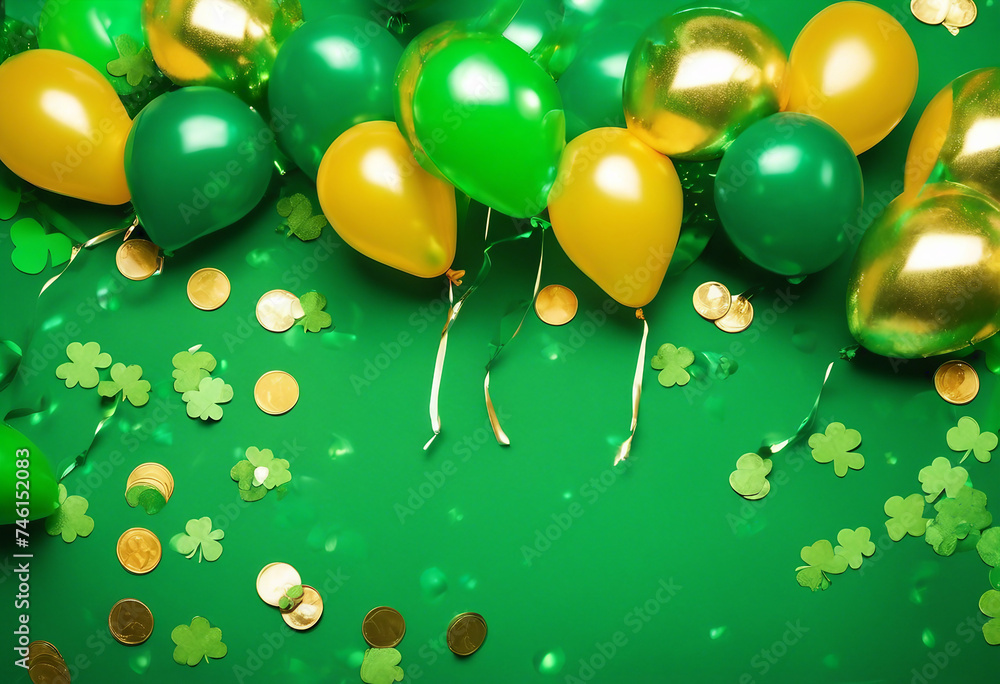 St Patricks Day card with Irish colored balloons on a green background confetti and clover with gold St Patricks Day card with Irish colored balloons on a green background confetti and clover with gold