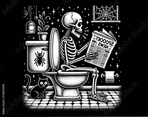 Skeleton Reading Newspaper and Drinking Coffee in a Cozy Corner