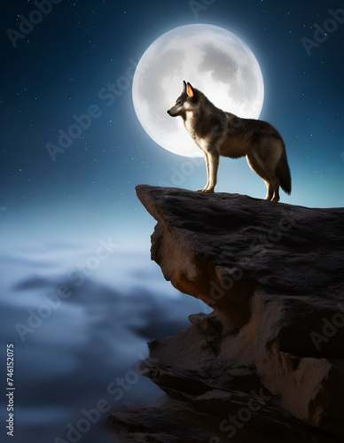 wolf at the top of mountain, under the full moon, wall art and wallpaper background