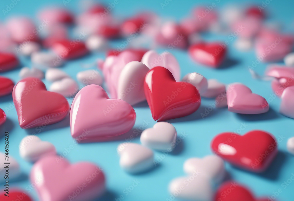 Valentines Day background with 3D hearts with copy space in candy pastel color On a blue background Valentines Day background with 3D hearts with copy space in candy pastel color On a blue background