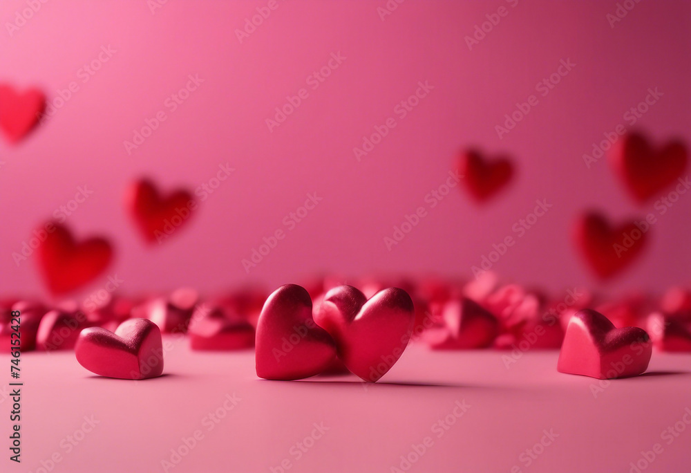Valentines Day background with 3D hearts with copy space in red color On a pink background bright an Valentines Day background with 3D hearts with copy space in red color On a pink background bright an