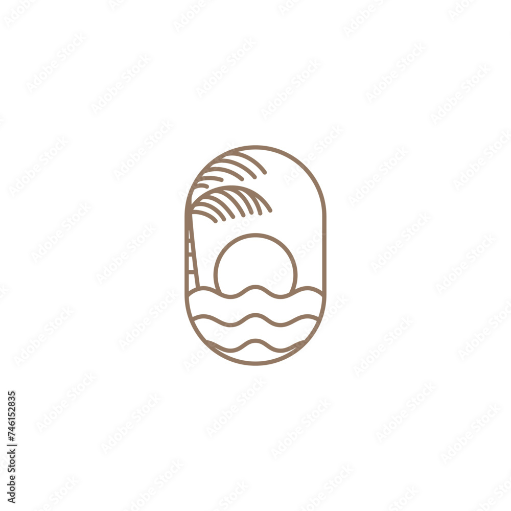 sunset line art vector logo design with palm tree in oval frame sunset line art vector logo design with palm tree in oval frame