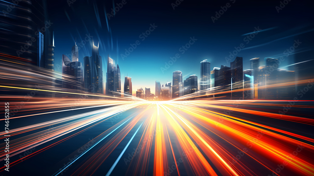 Abstract motion blur city, light trails in urban environment at night, urban movement concept