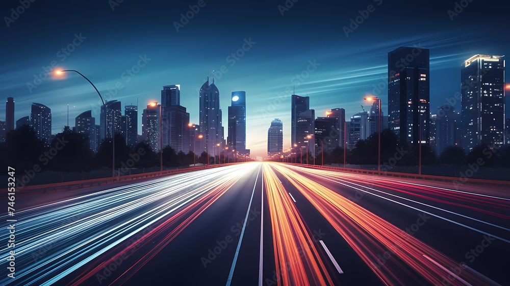 Fototapeta premium Abstract motion blur city, light trails in urban environment at night, urban movement concept