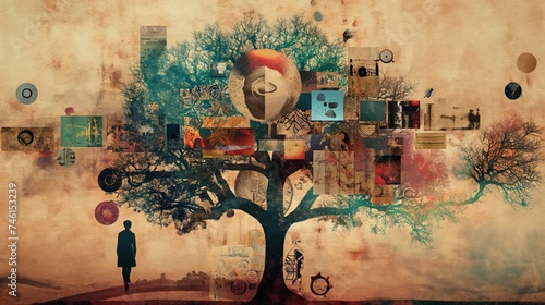 a young man walking towards a richly textured tree that serves as a tapestry of life's experiences, with each branch holding a mosaic of images. 