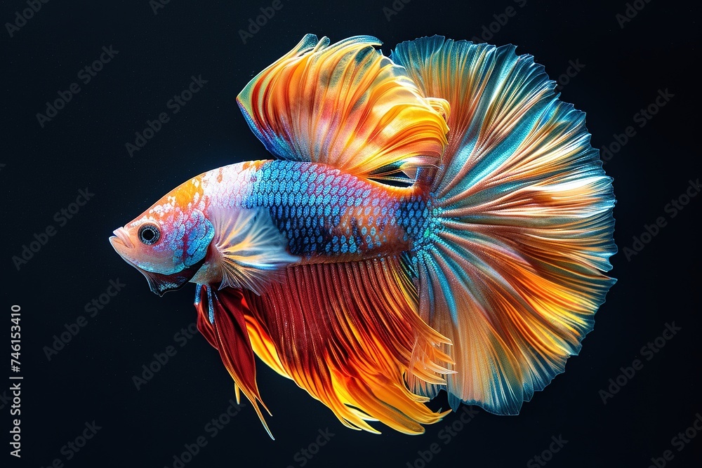 Siamese fish with flower tail and fins. Colorful floral fighting betta fish isolated on black. Amazing exotic floral tropical fish Siamese fish with flower tail and fins. Colorful floral fighting betta fish isolated on black. Amazing exotic floral tropical fish