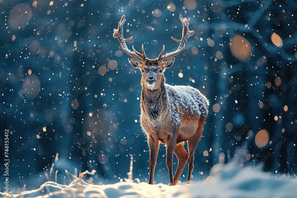 White-tailed Deer (Odocoileus virginianus) Male Buck with Antlers Beautiful Christmas scene with a deer in a winter snowy forest. White-tailed Deer (Odocoileus virginianus) Male Buck with Antlers Beautiful Christmas scene with a deer in a winter snowy forest.