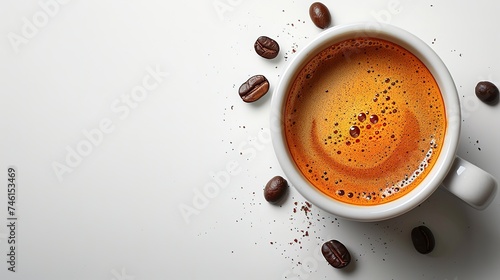 Coffee cup placed to the coffee beans. On the white table in day light. From the top