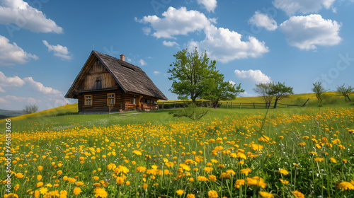 Rustic Cabin Amidst a Sea of Golden Blooms