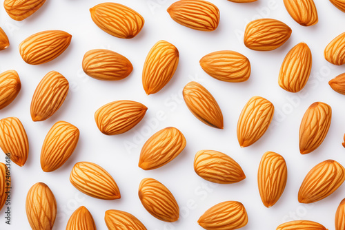 almond; white background; scattered; texture; natural; nut; food; healthy; snack; organic; brown; close-up; pattern; diet; vegetarian; seed; nutrition; raw; vegan; protein; fiber; crunchy; fresh; tast