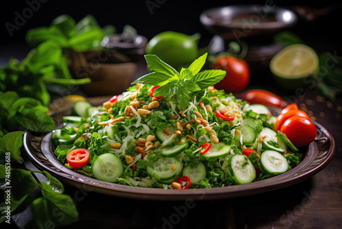Fresh and Flavorful Burmese Salad with Leaves of Green Tea, Zucchini Noodles, Pine Nuts, and Chilli Peppers. A health-boosting culinary delight!