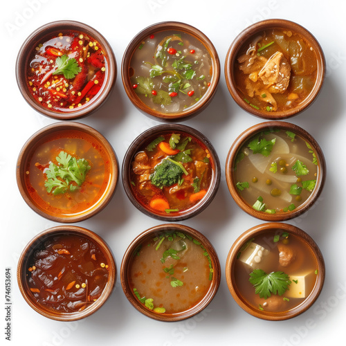 This image features an overhead view of eight diverse, freshly made Chinese soups. Each soup is garnished and served in its own bowl, isolated on a white background.