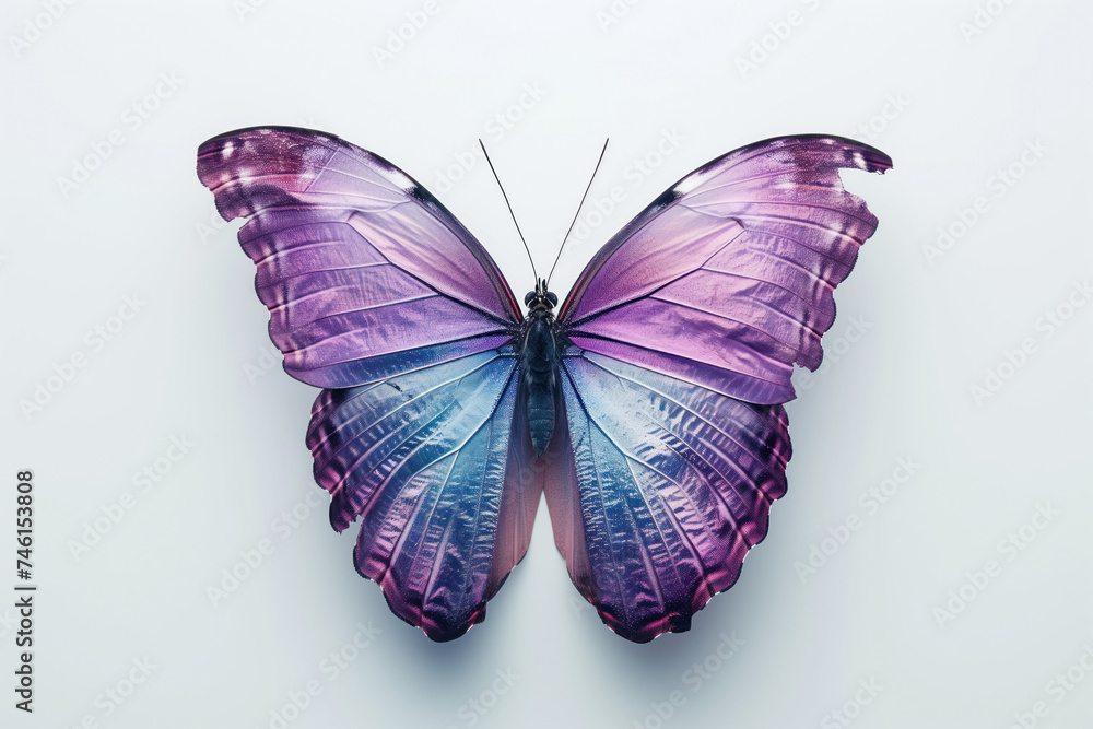 A detailed close-up of a vibrant purple butterfly, showcasing intricate patterns and stunning colors against a soft white background. A detailed close-up of a vibrant purple butterfly, showcasing intricate patterns and stunning colors against a soft white background.