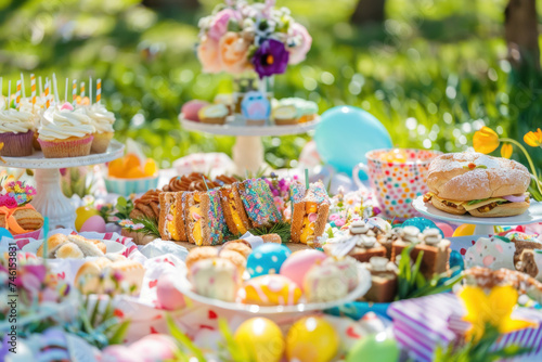 Vibrant Outdoor Easter Picnic Spread with Cakes  Cupcakes  and Decorated Eggs Amidst Spring Flowers