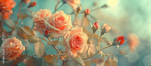 A bunch of roses is beautifully arranged on a table, showcasing their vibrant colors and delicate petals. The roses are the focal point of the image, adding a touch of elegance to the setting. © 2rogan