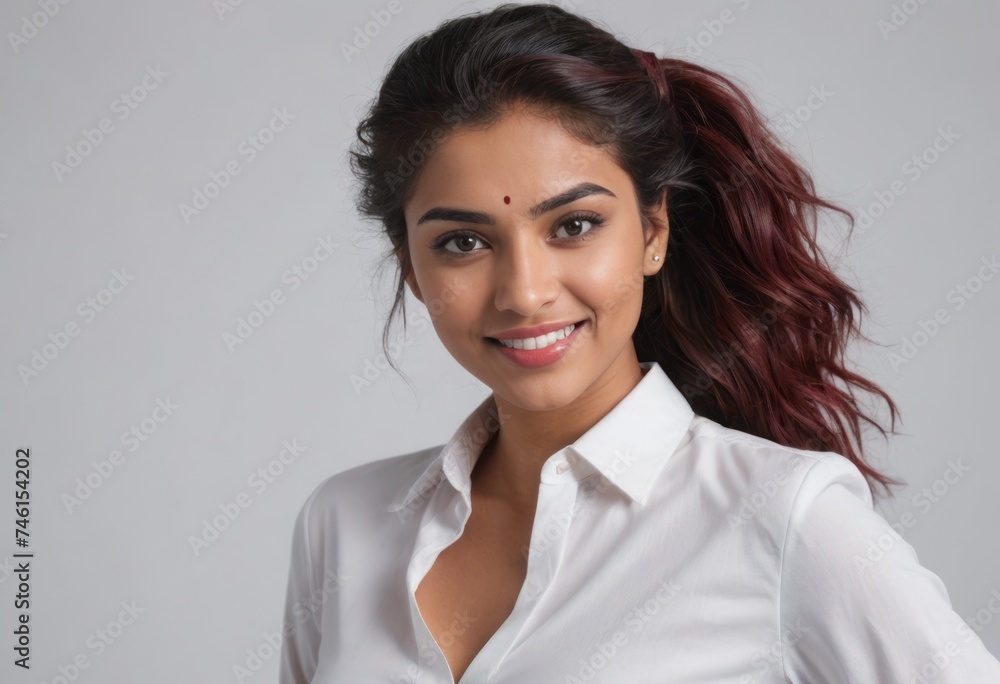 A confident Indian woman with a pleasant smile wearing a white shirt. She radiates professionalism and charm. A confident Indian woman with a pleasant smile wearing a white shirt. She radiates professionalism and charm.