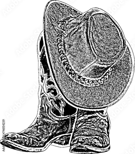 line art illustration of a cowboy hat sitting on top of a pair of western boots