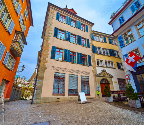 Historic Brunnenturm houses on Spiegelgasse platz, Zurich, Switzerland photo