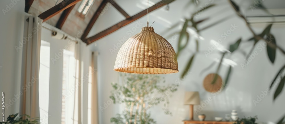 A room with Scandinavian rustic home decor, featuring a modern wicker lamp hanging from the ceiling. A plant is suspended from the ceiling, adding a touch of nature to the white-walled space.