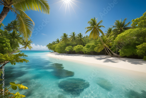 Pristine tropical beach with crystal clear turquoise water, lush palm trees, and a bright sunny sky