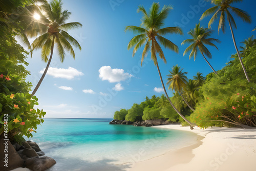Pristine white sands, crystal-clear waters, and lush palm trees define this idyllic tropical beach paradise landscape