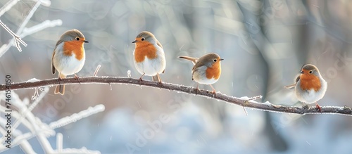 A group of three birds is perched on a snow-covered branch. The birds appear relaxed and comfortable, taking in the winter scenery around them.
