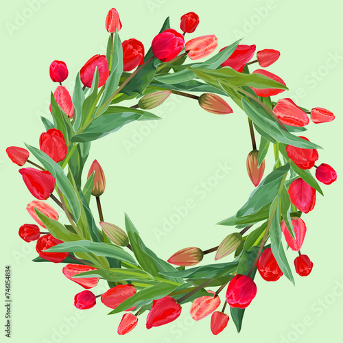 Fototapeta Naklejka Na Ścianę i Meble -  Wreath, frame of red tulips on a green background 