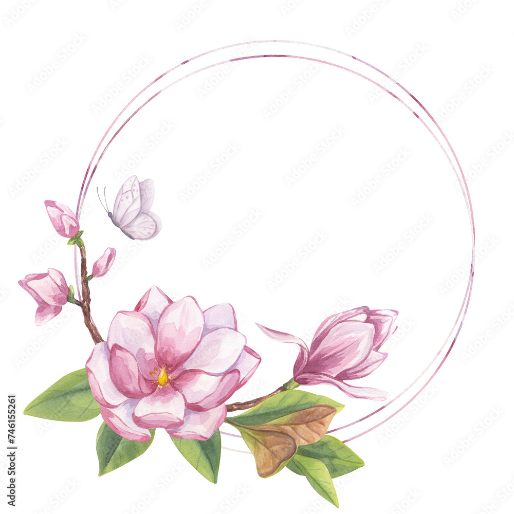 Pink magnolia round frame, place for text. Branch flower, buds, leaves, white butterfly. Blooming floral clipart. Hand drawn watercolor illustration isolated background. Botanical element for wedding