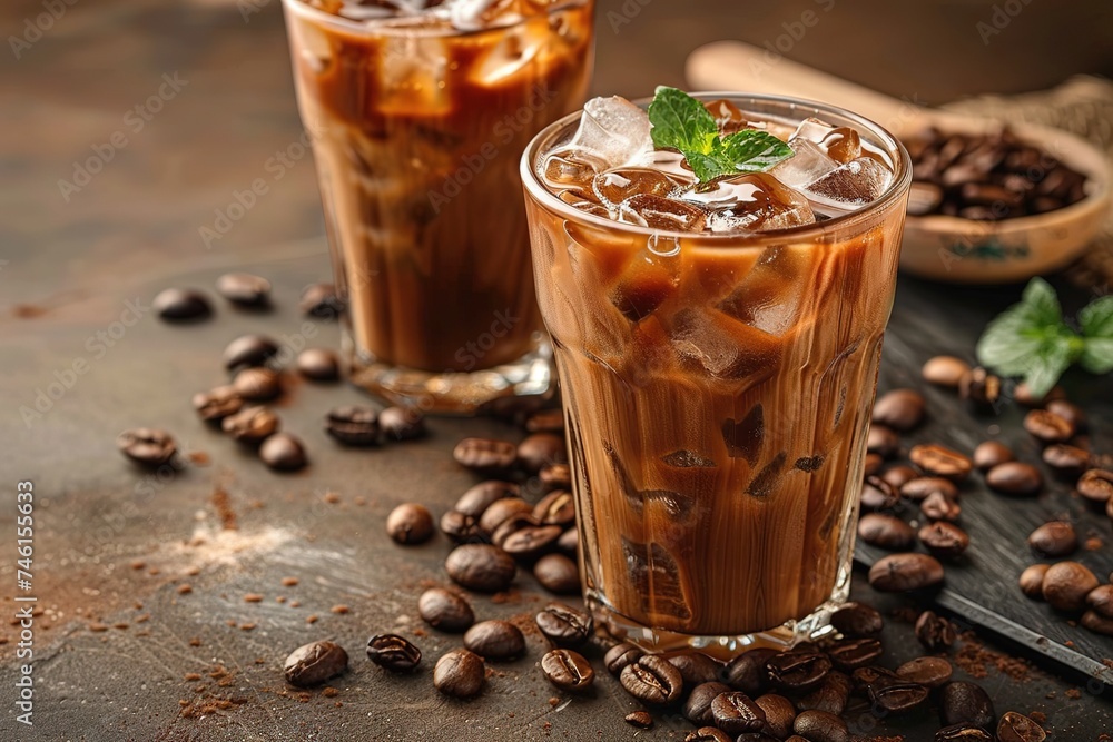 Ice coffee with cream in a tall glass and coffee beans, portafilter, tamper and milk jug Ice coffee with cream in a tall glass and coffee beans, portafilter, tamper and milk jug