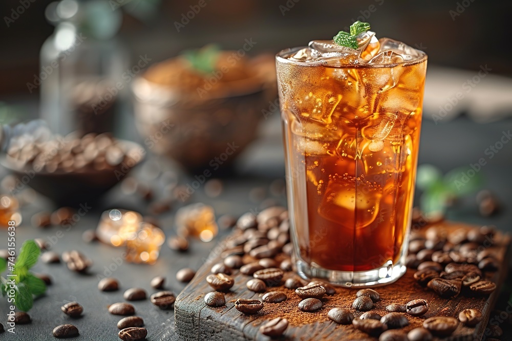 Ice coffee with cream in a tall glass and coffee beans, portafilter, tamper and milk jug Ice coffee with cream in a tall glass and coffee beans, portafilter, tamper and milk jug