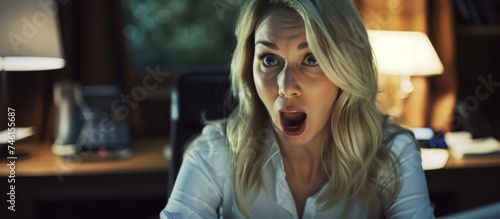 A blond woman with a shocked and sarcastic expression, mouth agape in surprise, seated in an office setting at night.