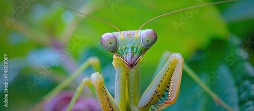 This captivating close-up photo showcases the thriving praying mantis in its mesmerizing natural environment, highlighting its stunning adaptability.